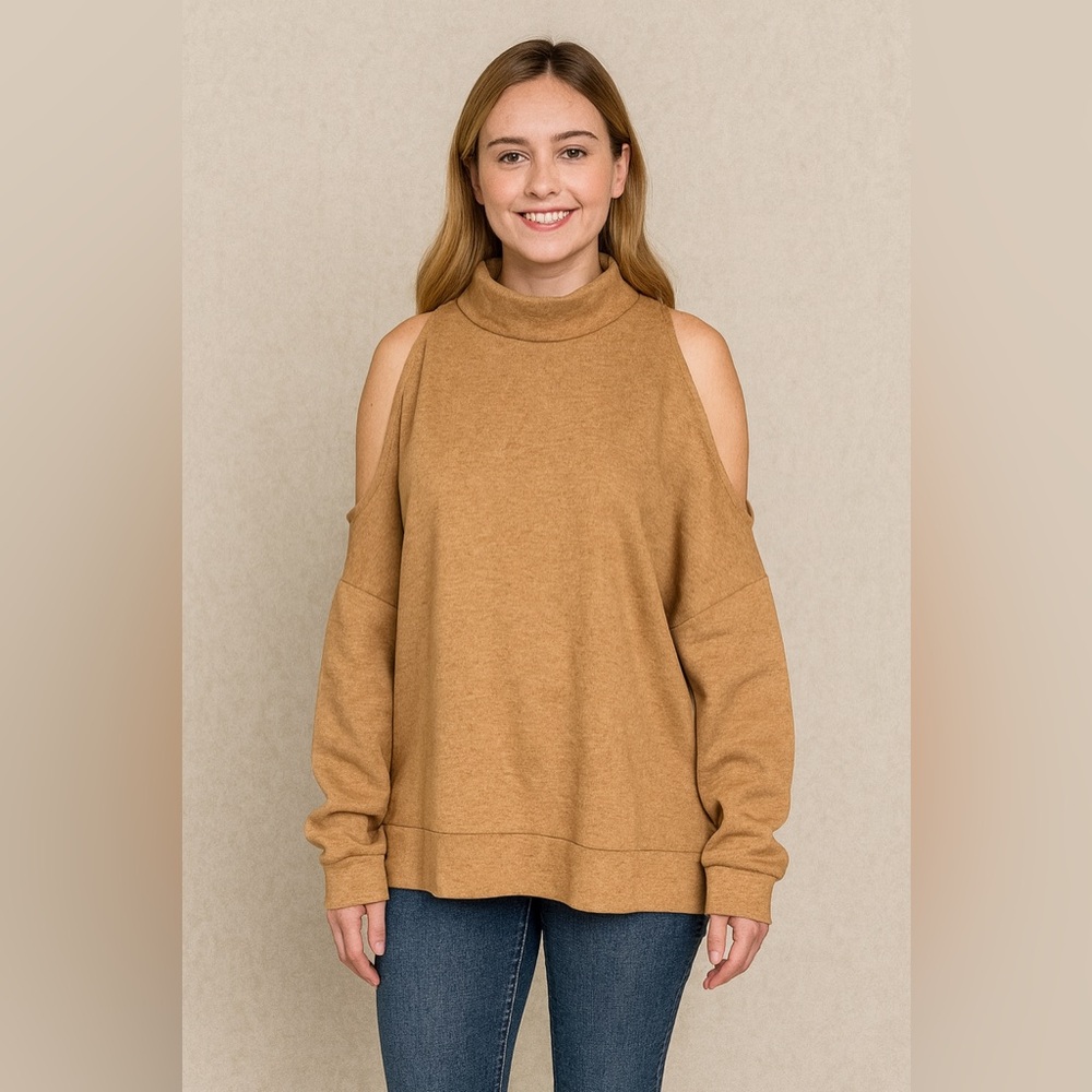 J.O.A. Los Angeles Tan Cold Shoulder Mock Neck Sweatshirt S BJ3